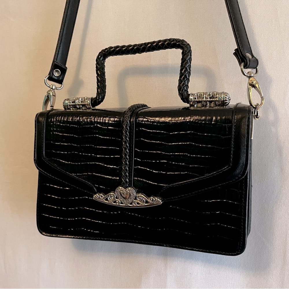 VINTAGE Black Embossed Leather Top Handle Crossbody Bag